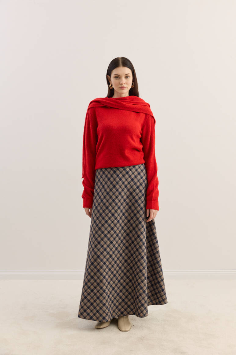 Ekose Kloş Etek Vizon - 2