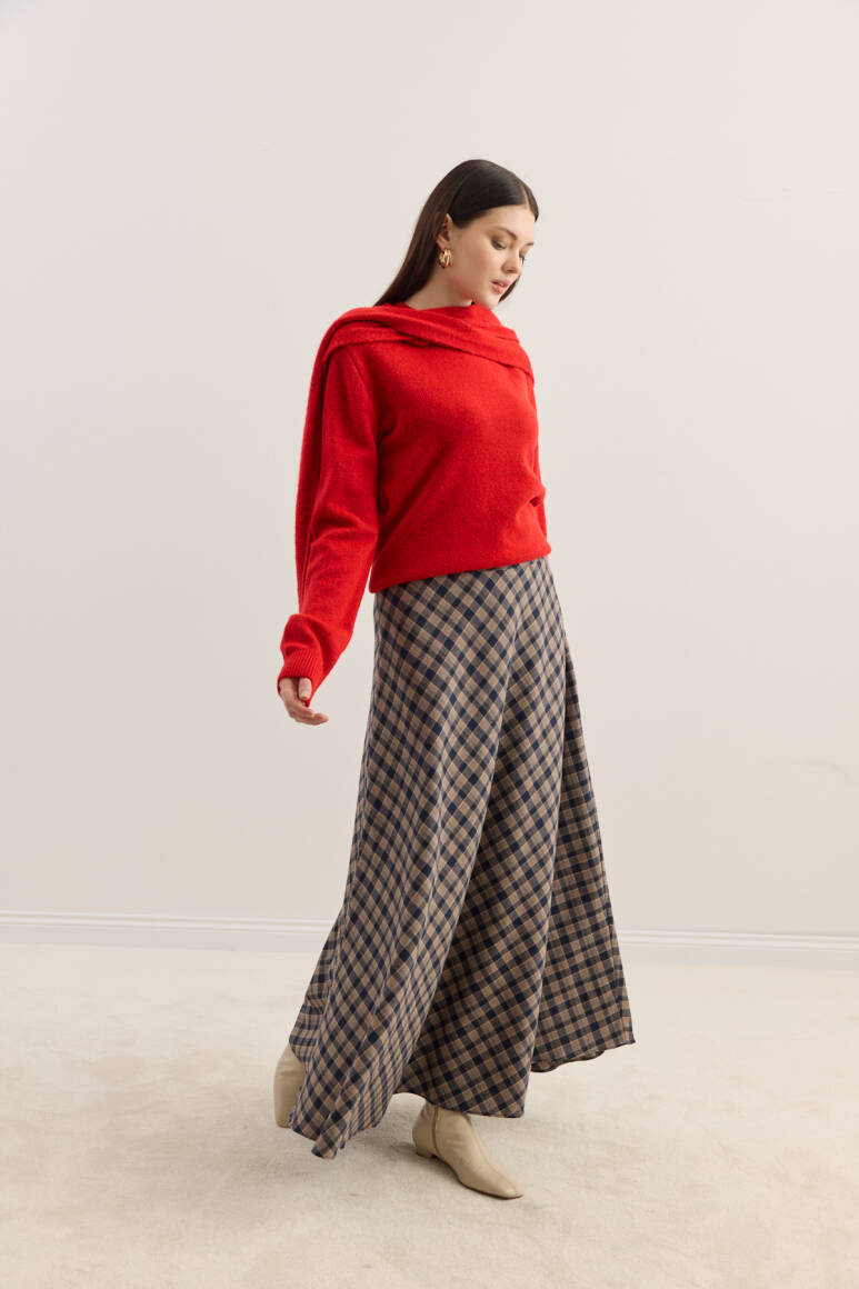 Ekose Kloş Etek Vizon - 5