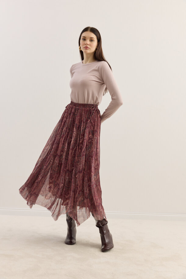 Etnik Desen Büzgülü Şifon Etek Bordo - EMNORA