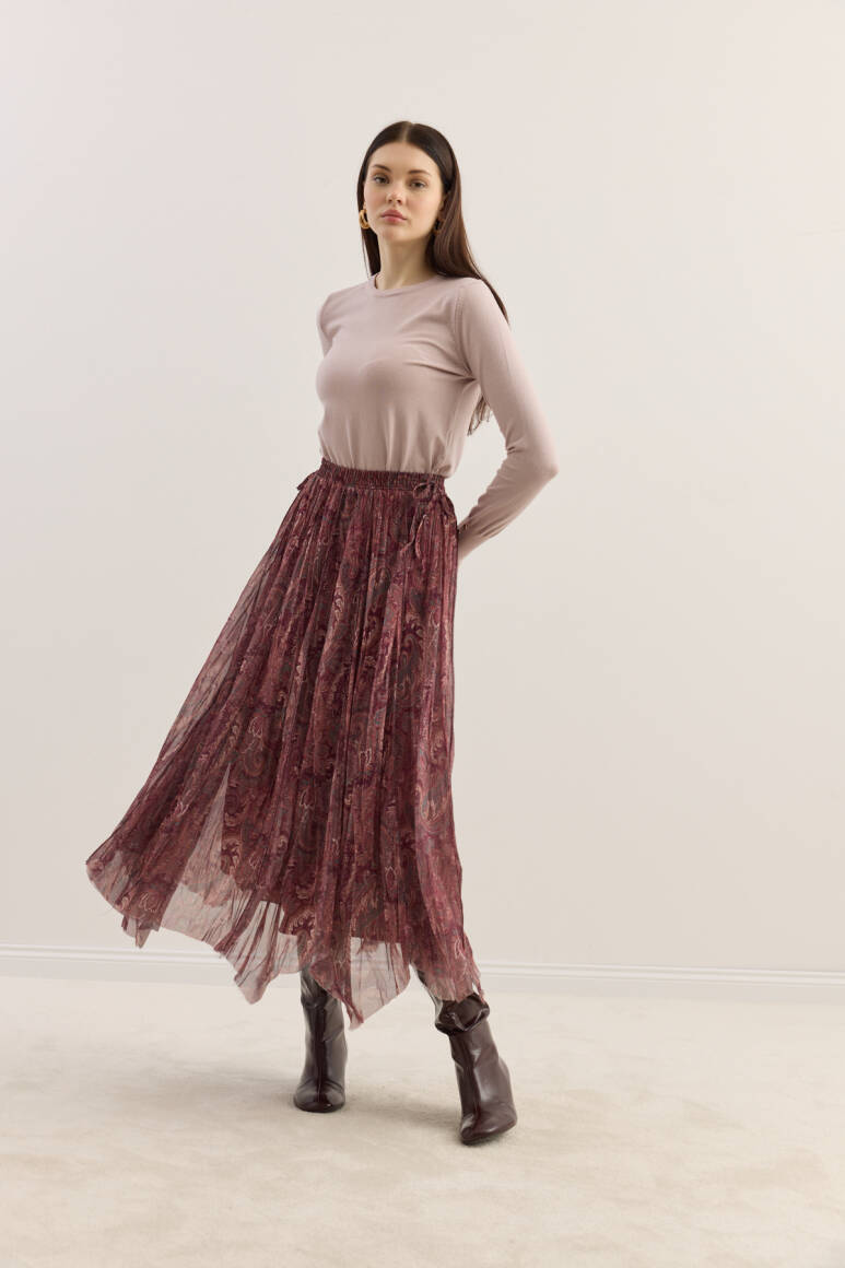 Etnik Desen Büzgülü Şifon Etek Bordo - 1