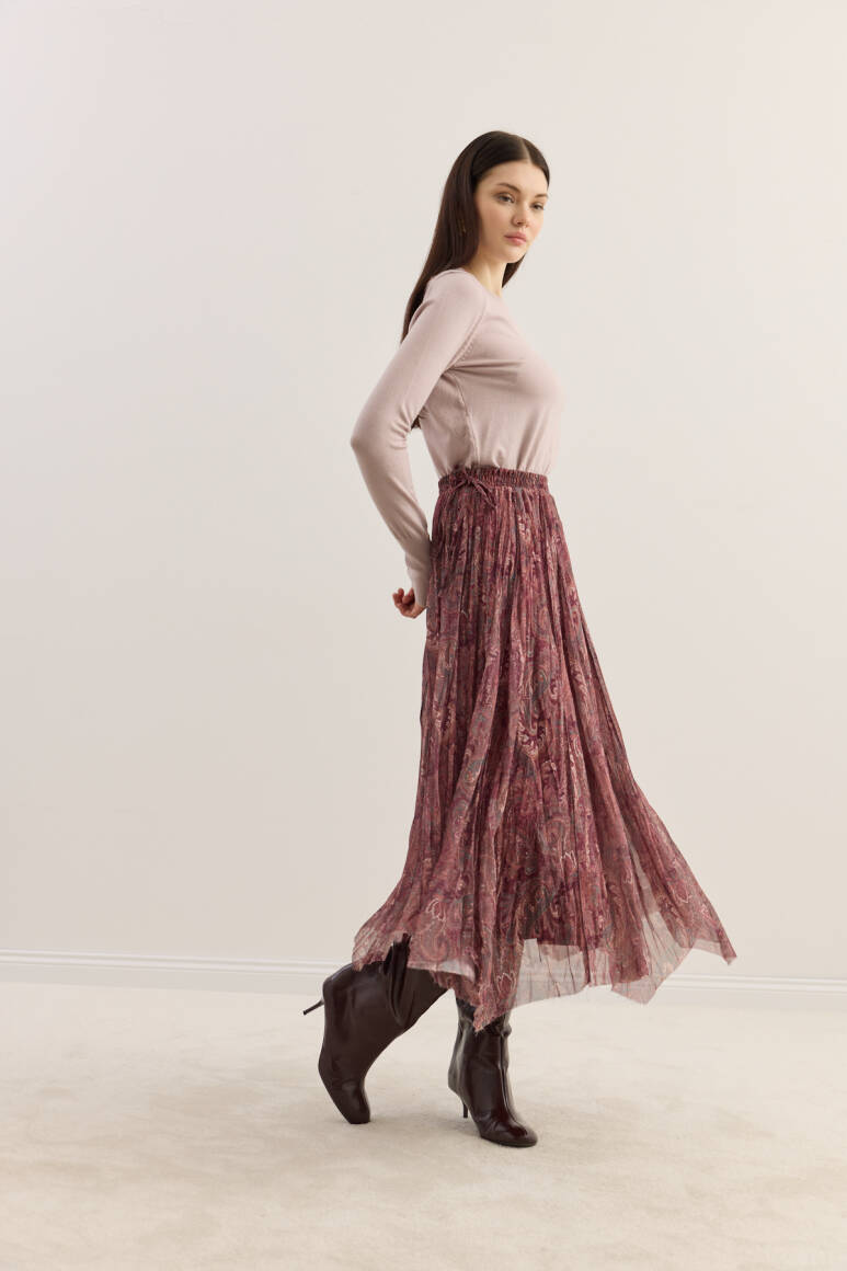 Etnik Desen Büzgülü Şifon Etek Bordo - 2