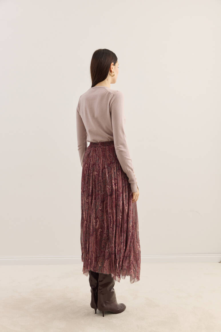 Etnik Desen Büzgülü Şifon Etek Bordo - 6