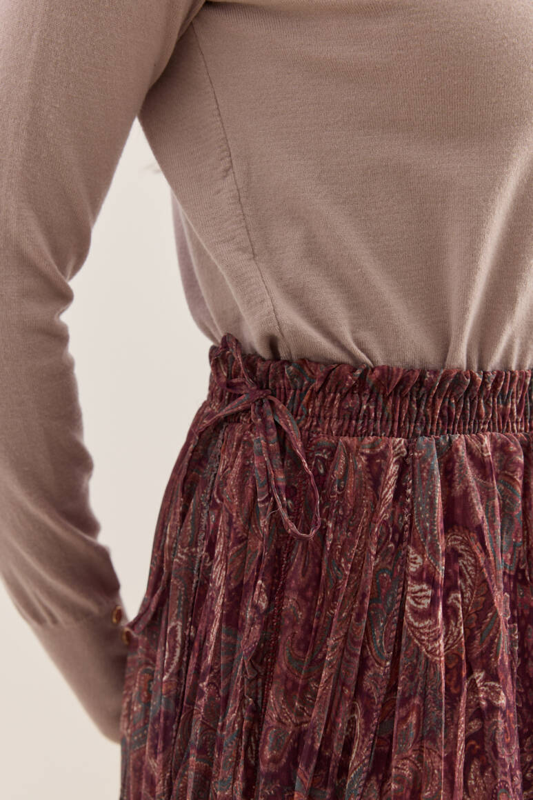 Etnik Desen Büzgülü Şifon Etek Bordo - 3