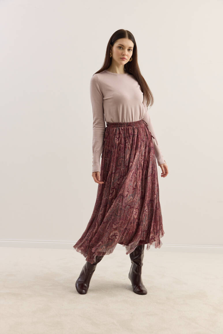 Etnik Desen Büzgülü Şifon Etek Bordo - 4