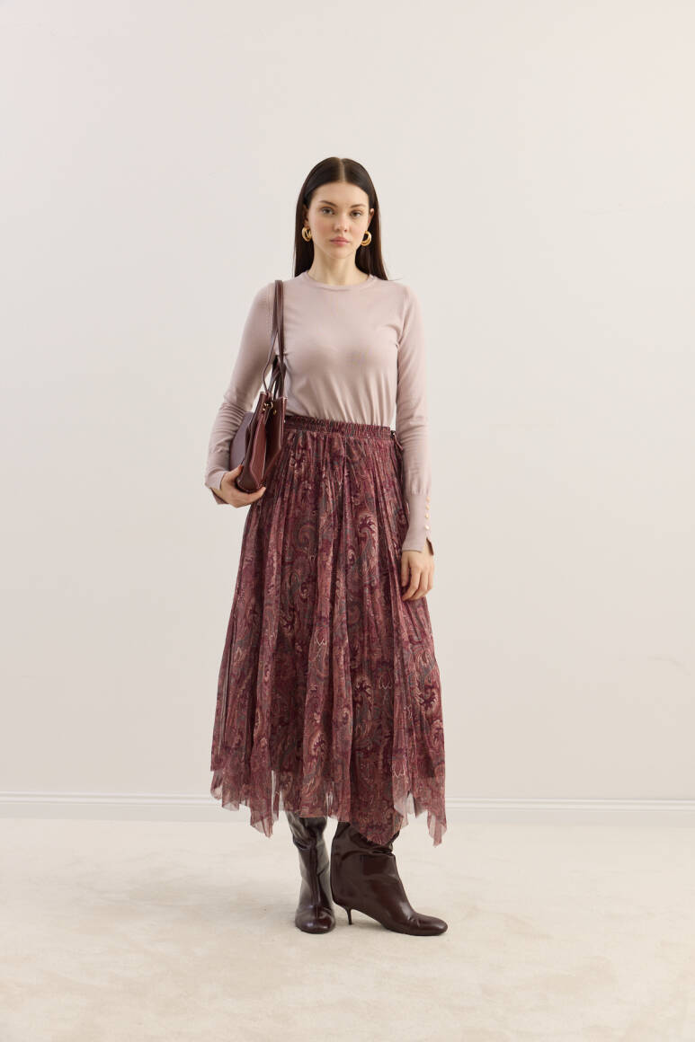 Etnik Desen Büzgülü Şifon Etek Bordo - 5