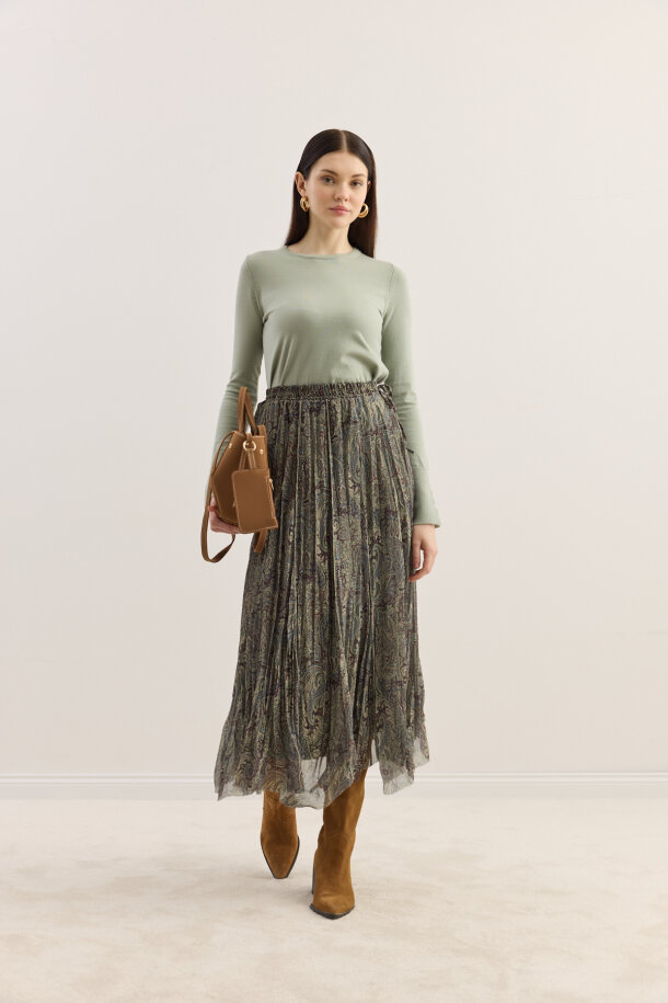 Etnik Desen Büzgülü Şifon Etek YEŞİL - EMNORA