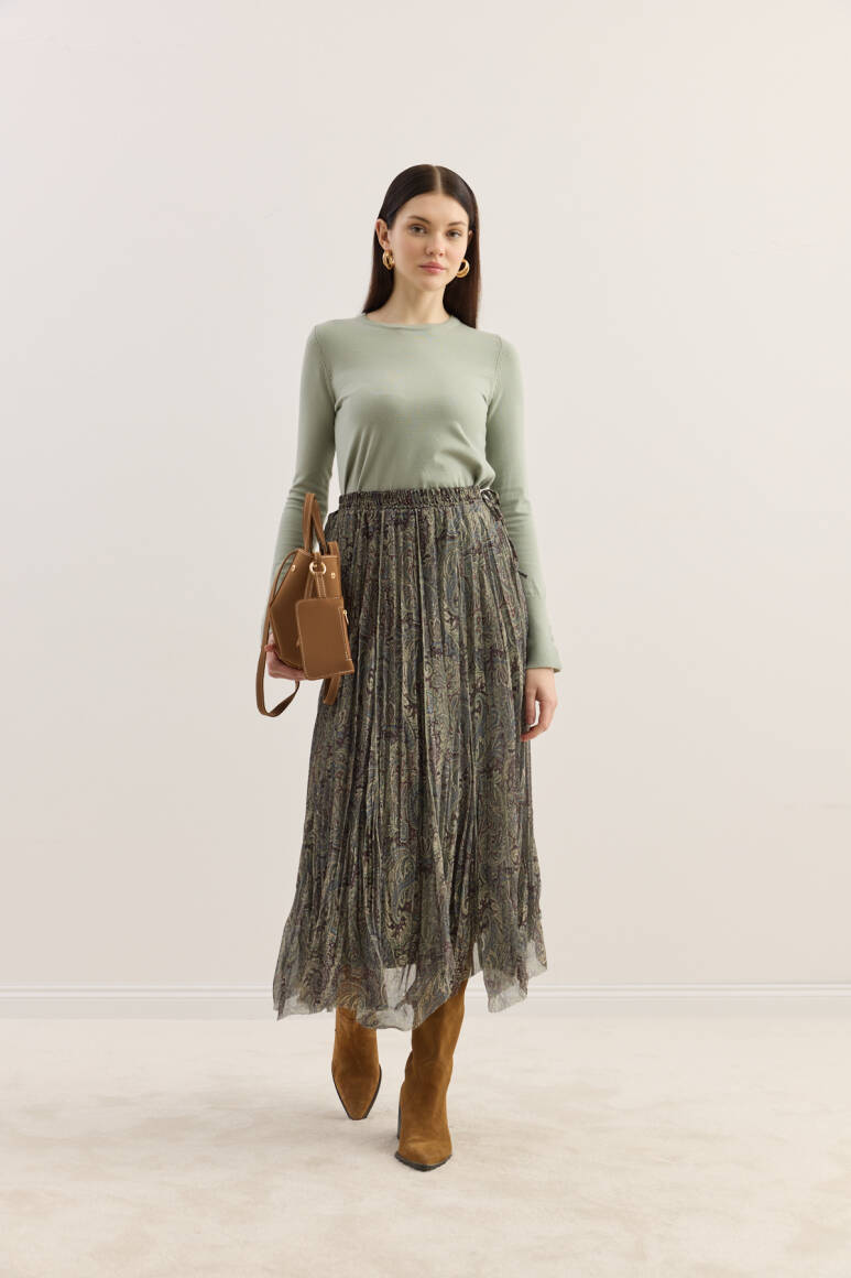 Etnik Desen Büzgülü Şifon Etek YEŞİL - EMNORA