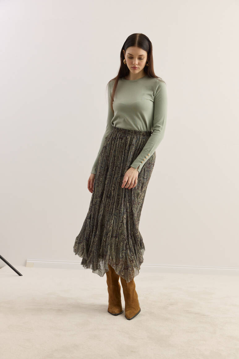 Etnik Desen Büzgülü Şifon Etek YEŞİL - 4