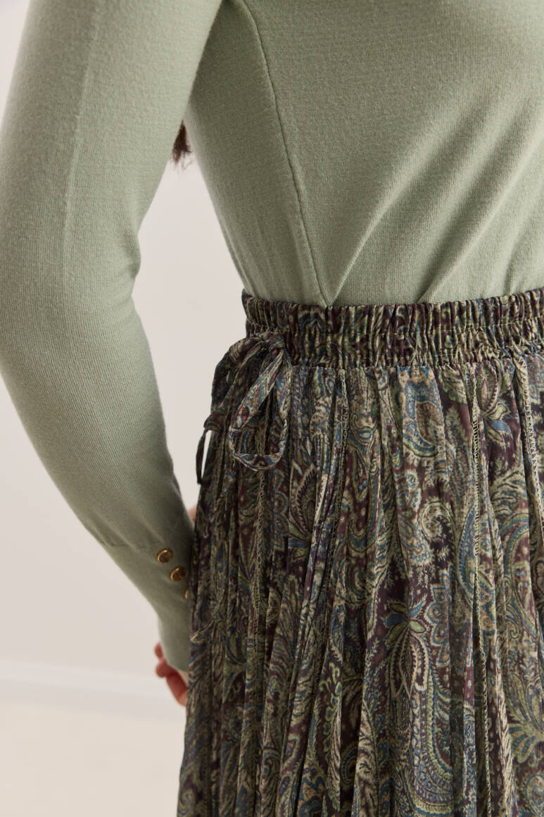 Etnik Desen Büzgülü Şifon Etek YEŞİL - 6