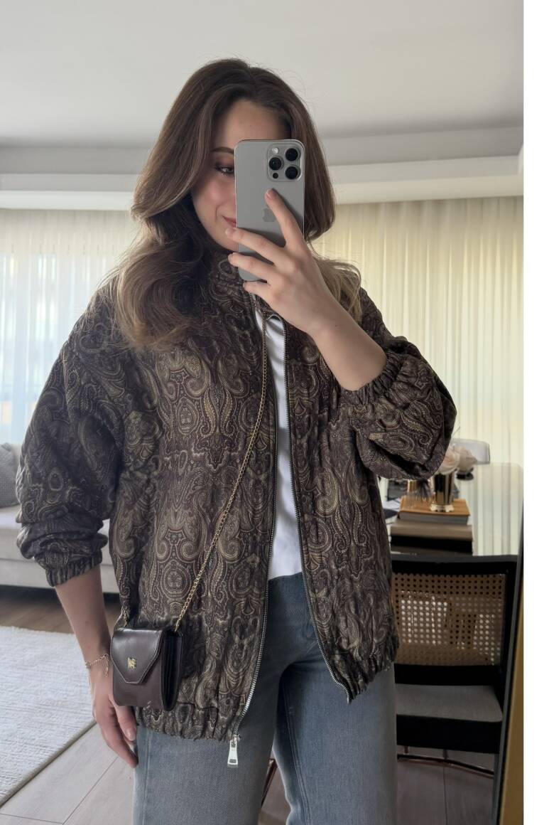 Etnik Desen Kapitone Bomber Mont Acı Kahve - 9