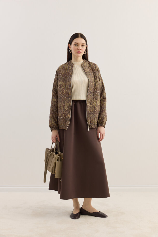 Etnik Desen Kapitone Bomber Mont Acı Kahve - EMNORA