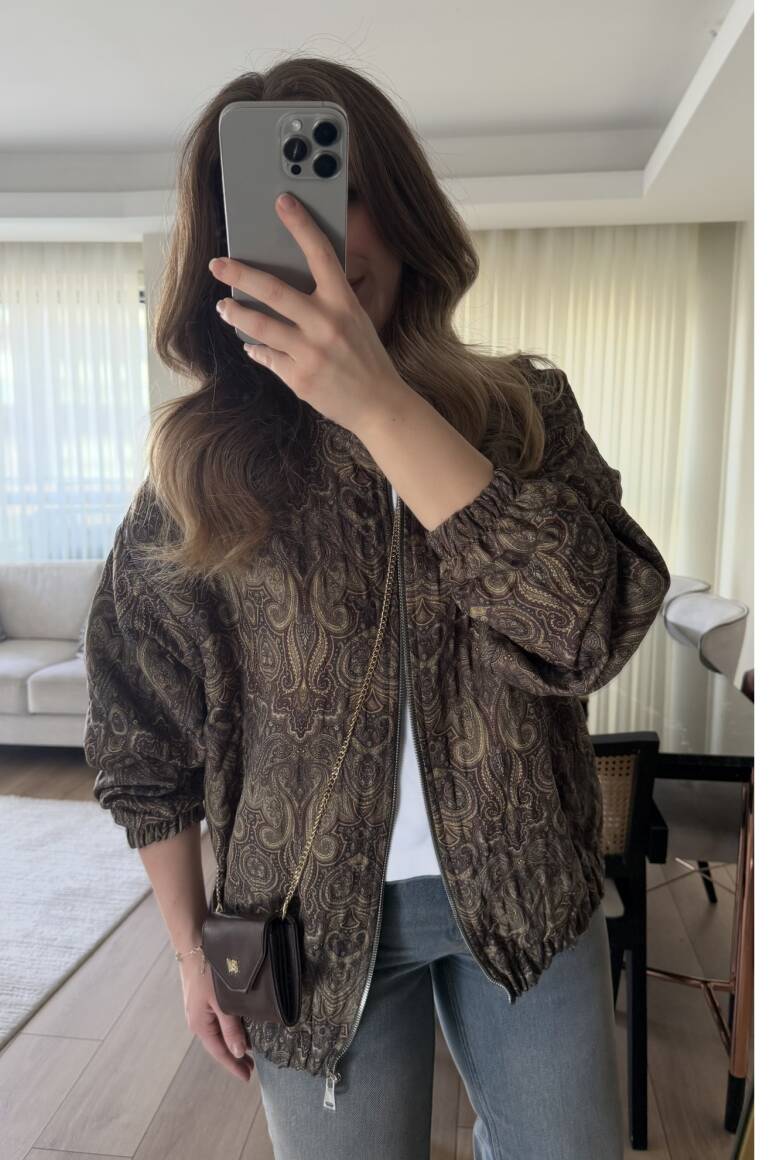 Etnik Desen Kapitone Bomber Mont Acı Kahve - 8