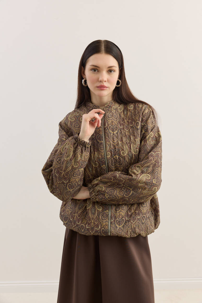 Etnik Desen Kapitone Bomber Mont Acı Kahve - 3