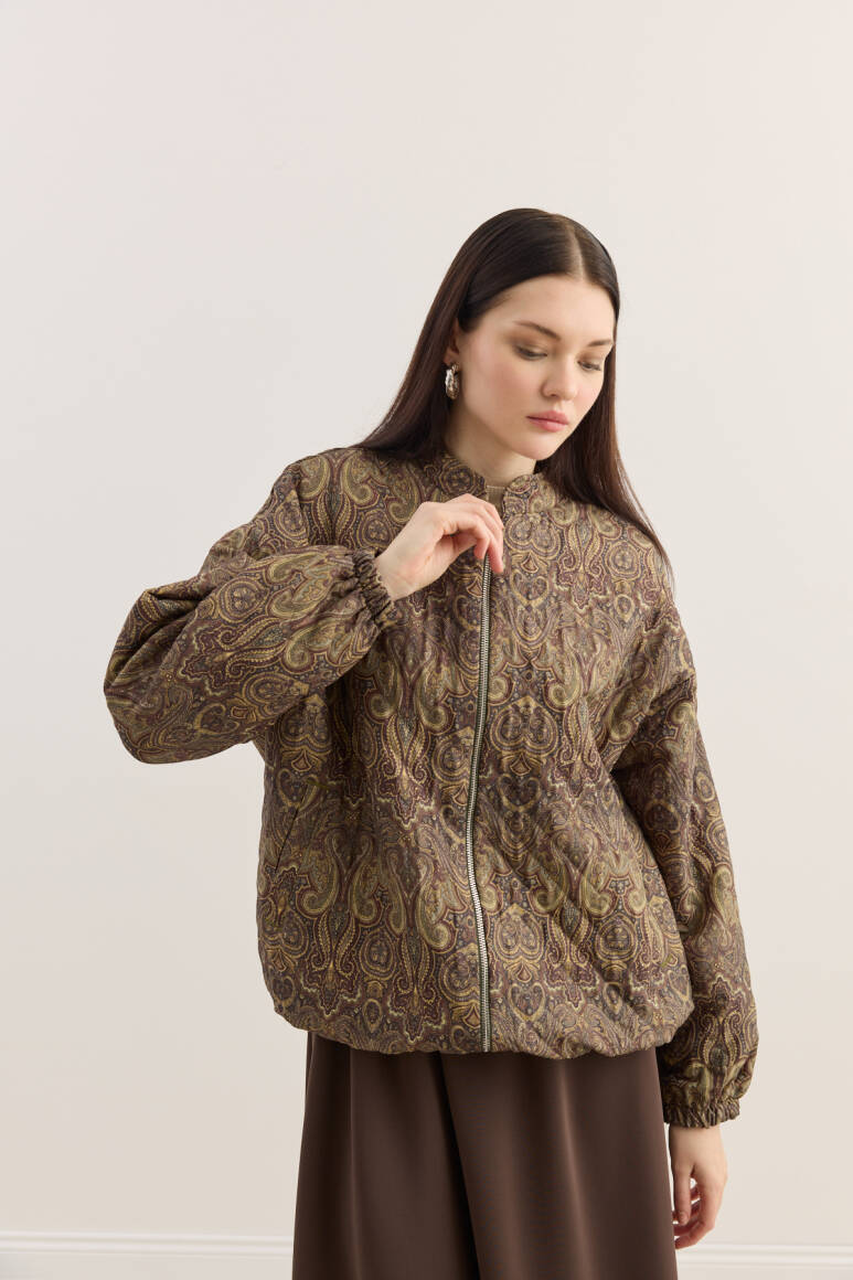 Etnik Desen Kapitone Bomber Mont Acı Kahve - 6