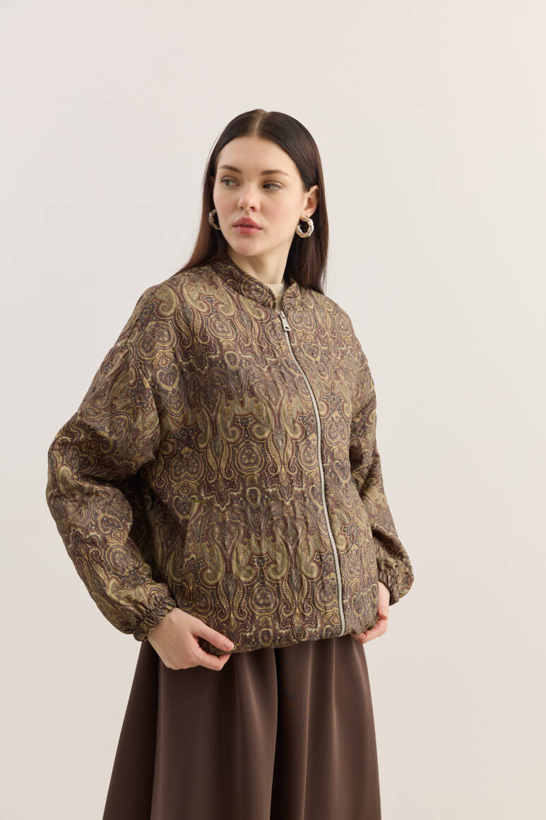 Etnik Desen Kapitone Bomber Mont Acı Kahve - 7