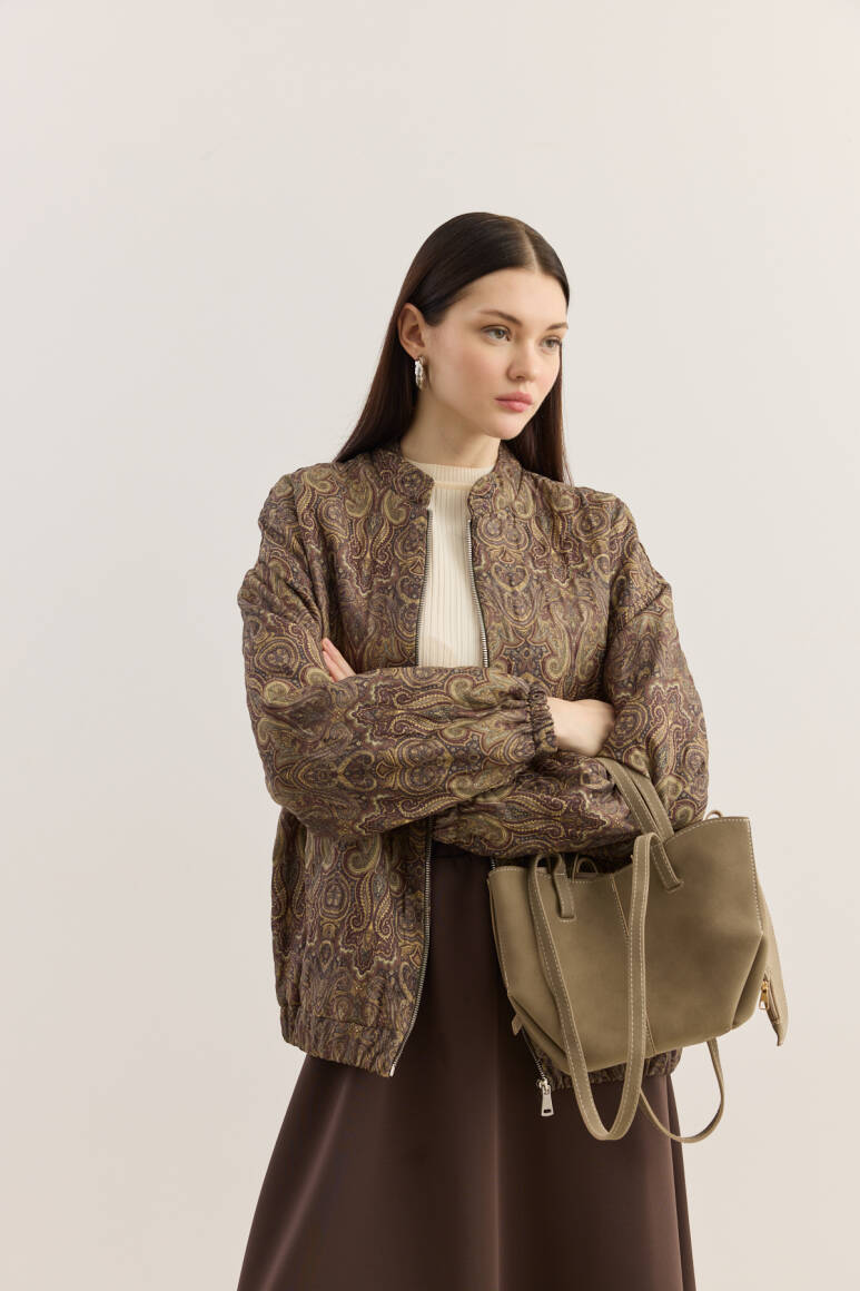 Etnik Desen Kapitone Bomber Mont Acı Kahve - 4