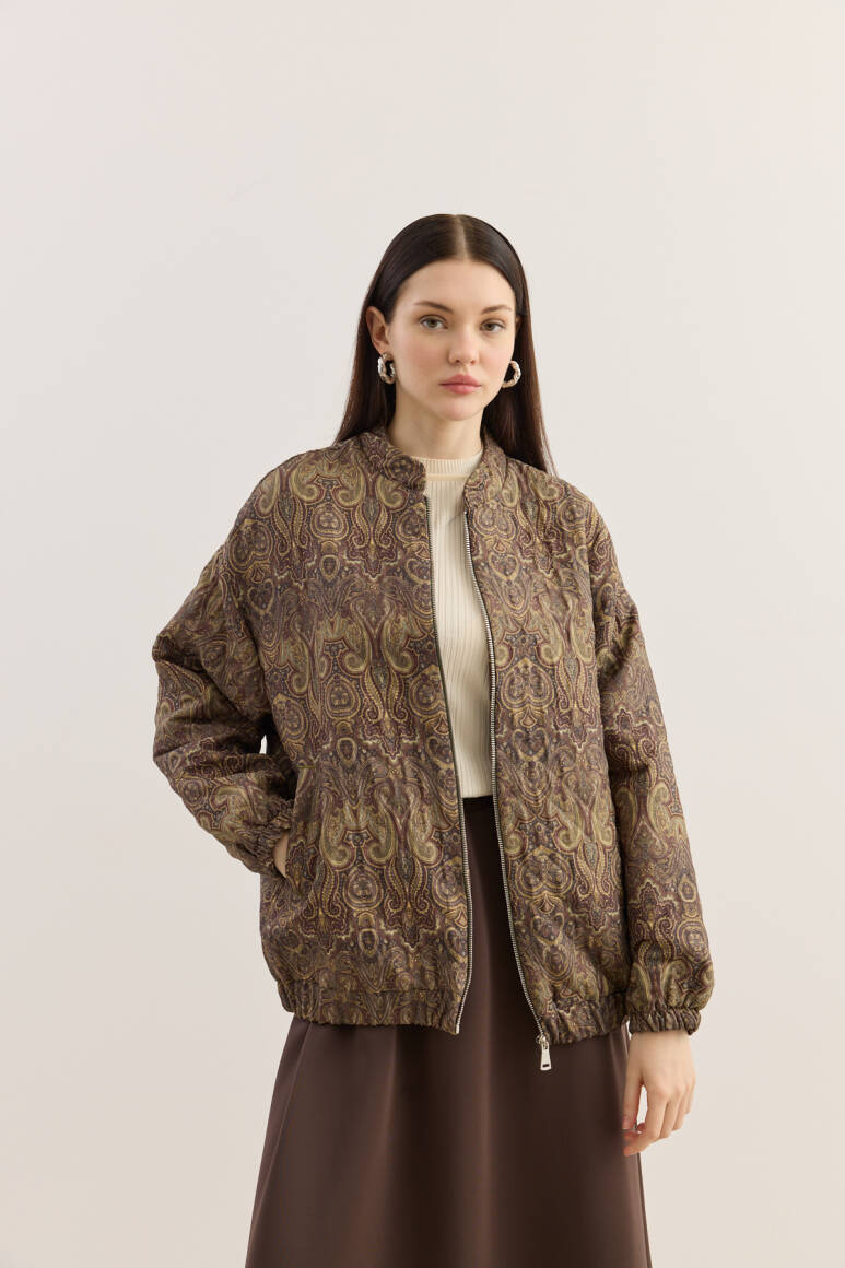 Etnik Desen Kapitone Bomber Mont Acı Kahve - 2