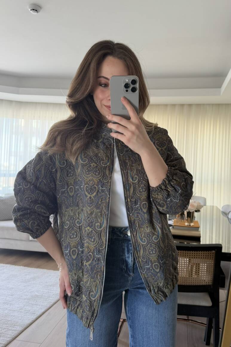 Etnik Desen Kapitone Bomber Mont Lacivert - 7