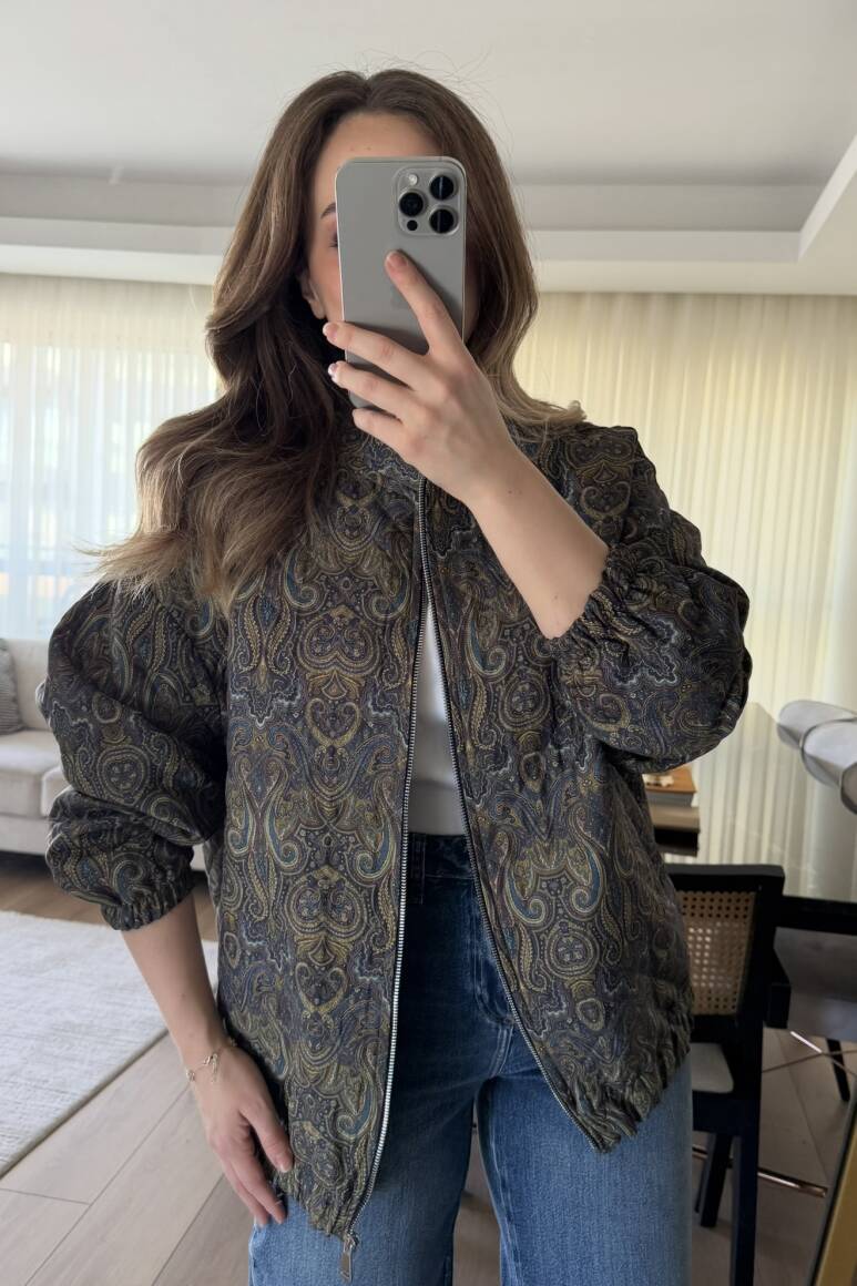 Etnik Desen Kapitone Bomber Mont Lacivert - 8