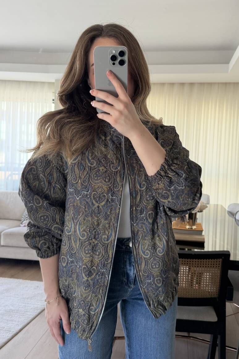 Etnik Desen Kapitone Bomber Mont Lacivert - 9