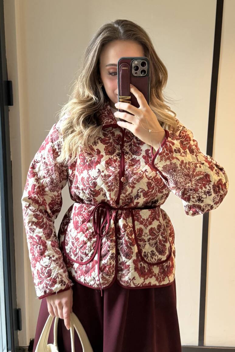 Etnik Desenli Kapitone Ceket Bordo - EMNORA