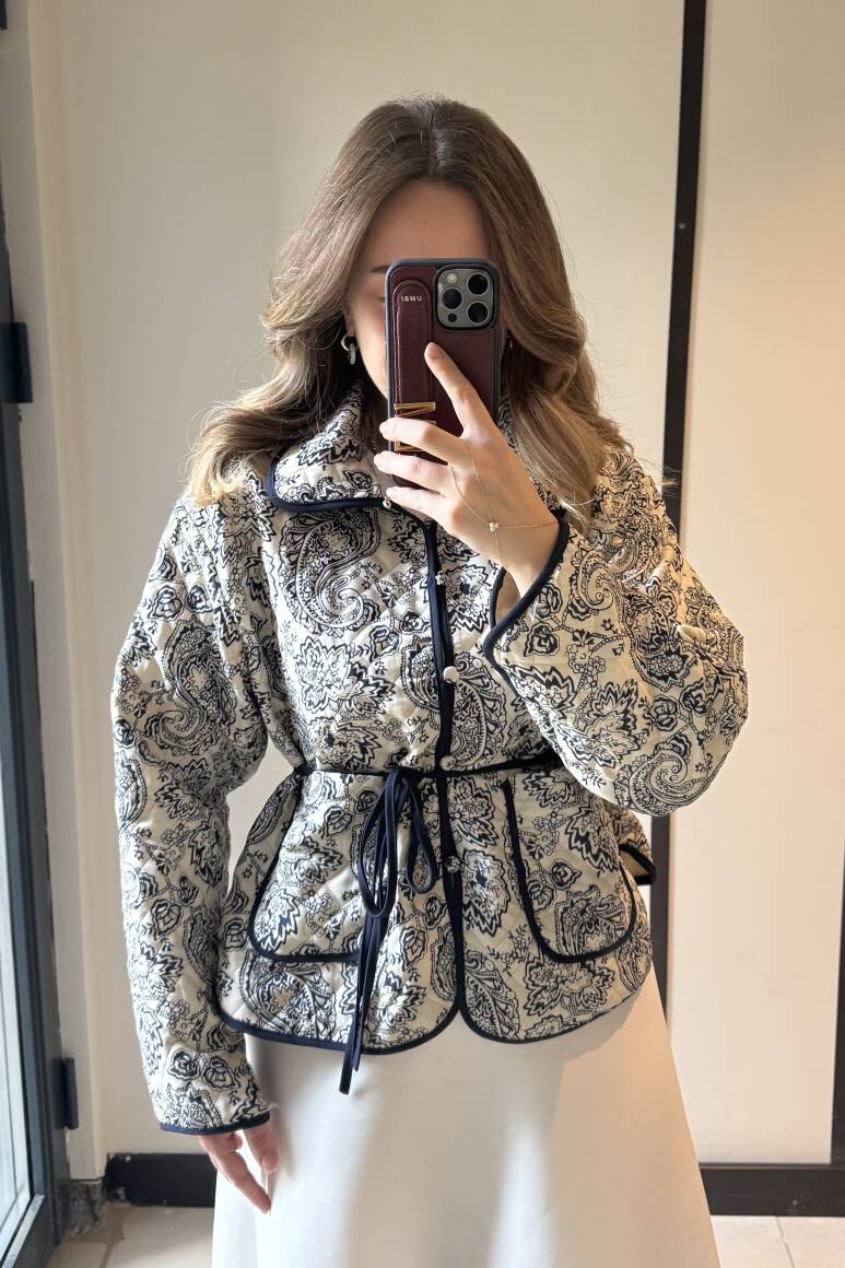 Etnik Desenli Kapitone Ceket Lacivert - 1