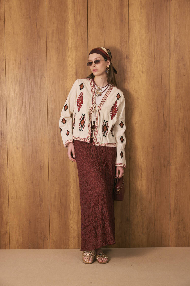 Etnik İşlemeli Kimono Ceket Bordo - 1