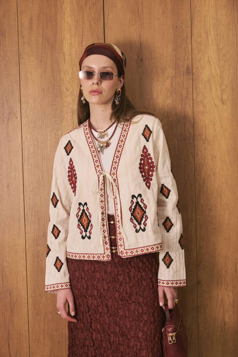 Etnik İşlemeli Kimono Ceket Bordo - 2
