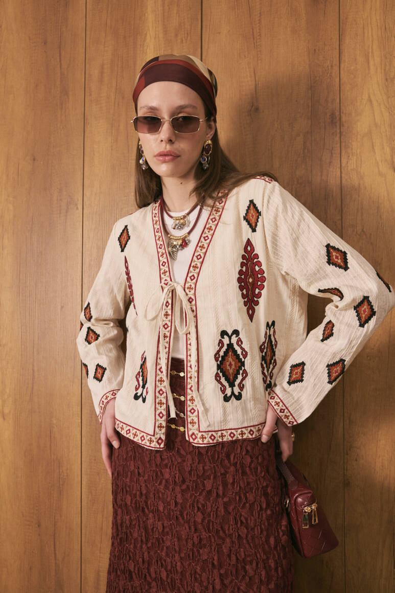 Etnik İşlemeli Kimono Ceket Bordo - 3