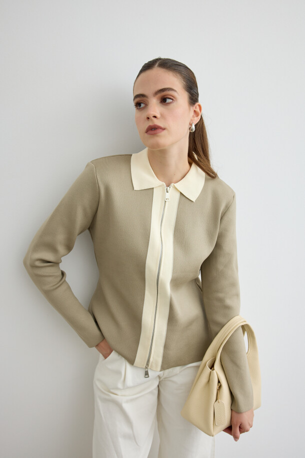 Fermuarlı Kontrast Triko Hırka Çağla Yeşili - EMNORA