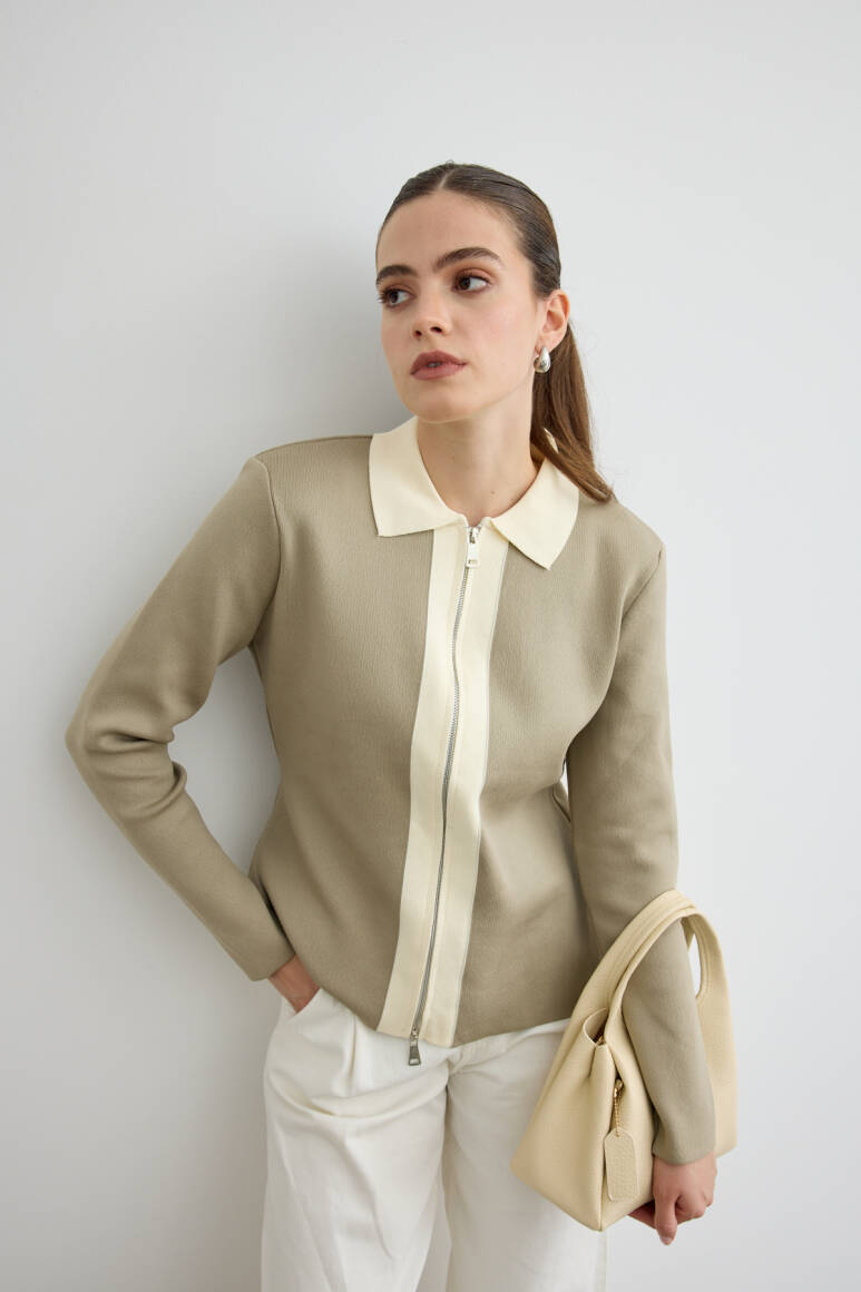 Fermuarlı Kontrast Triko Hırka Çağla Yeşili - EMNORA