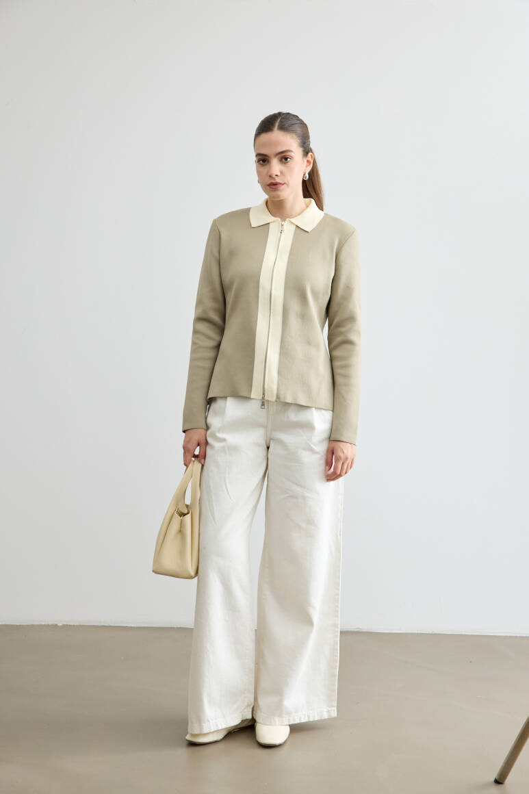 Fermuarlı Kontrast Triko Hırka Çağla Yeşili - 2