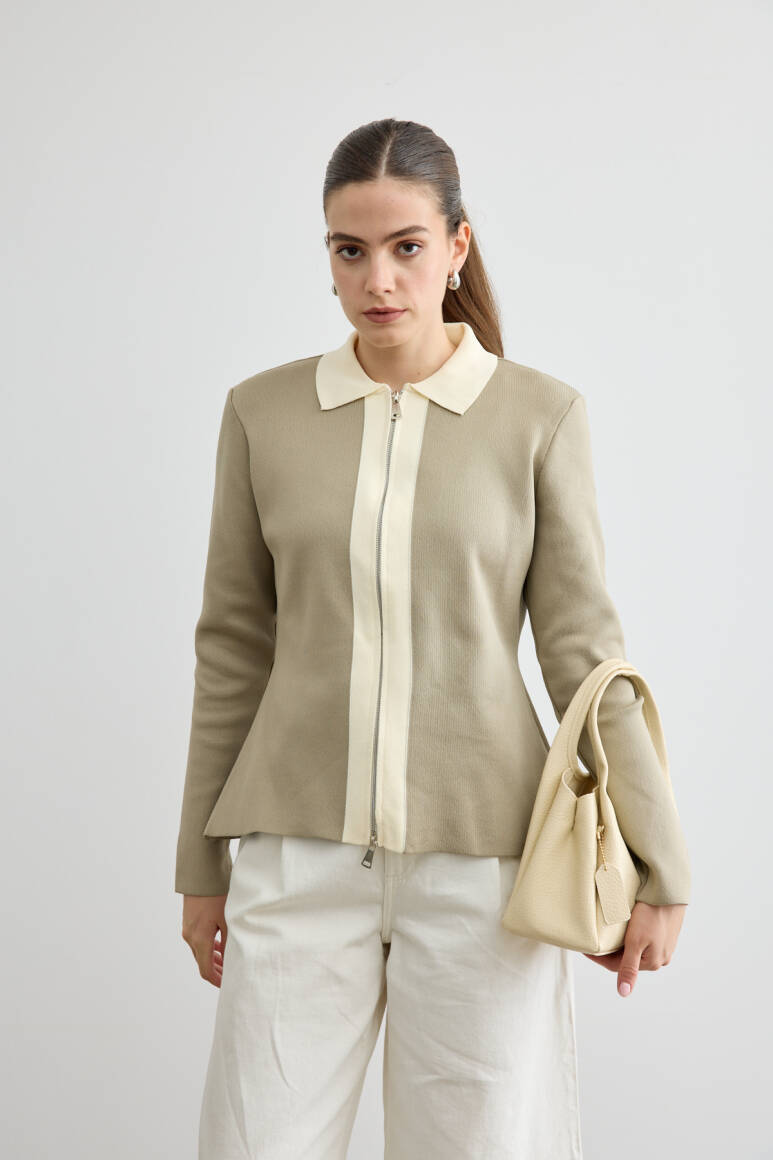 Fermuarlı Kontrast Triko Hırka Çağla Yeşili - 3