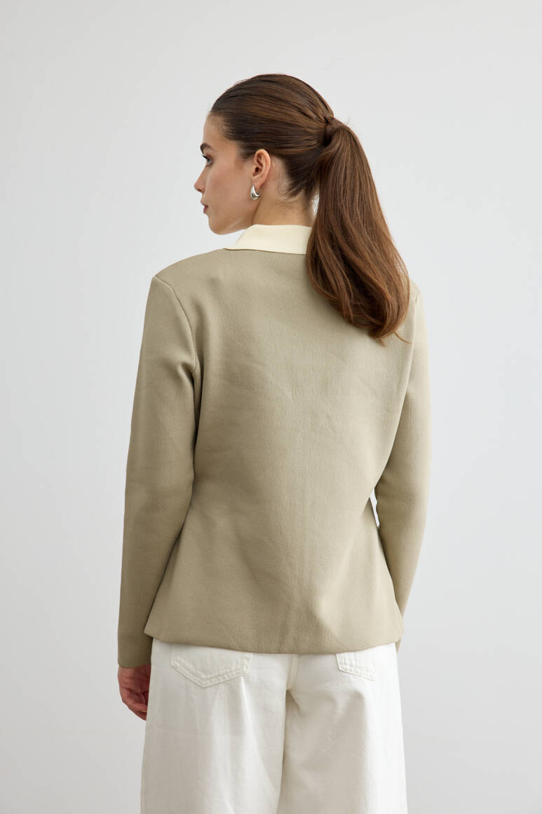 Fermuarlı Kontrast Triko Hırka Çağla Yeşili - 7