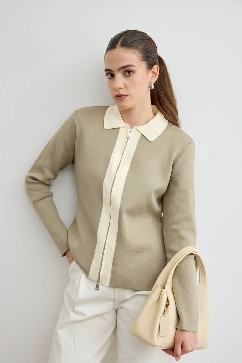 Fermuarlı Kontrast Triko Hırka Çağla Yeşili - 6