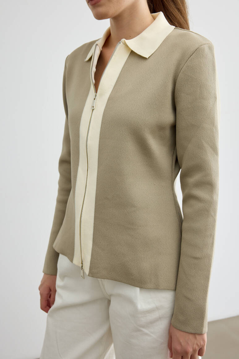 Fermuarlı Kontrast Triko Hırka Çağla Yeşili - 5