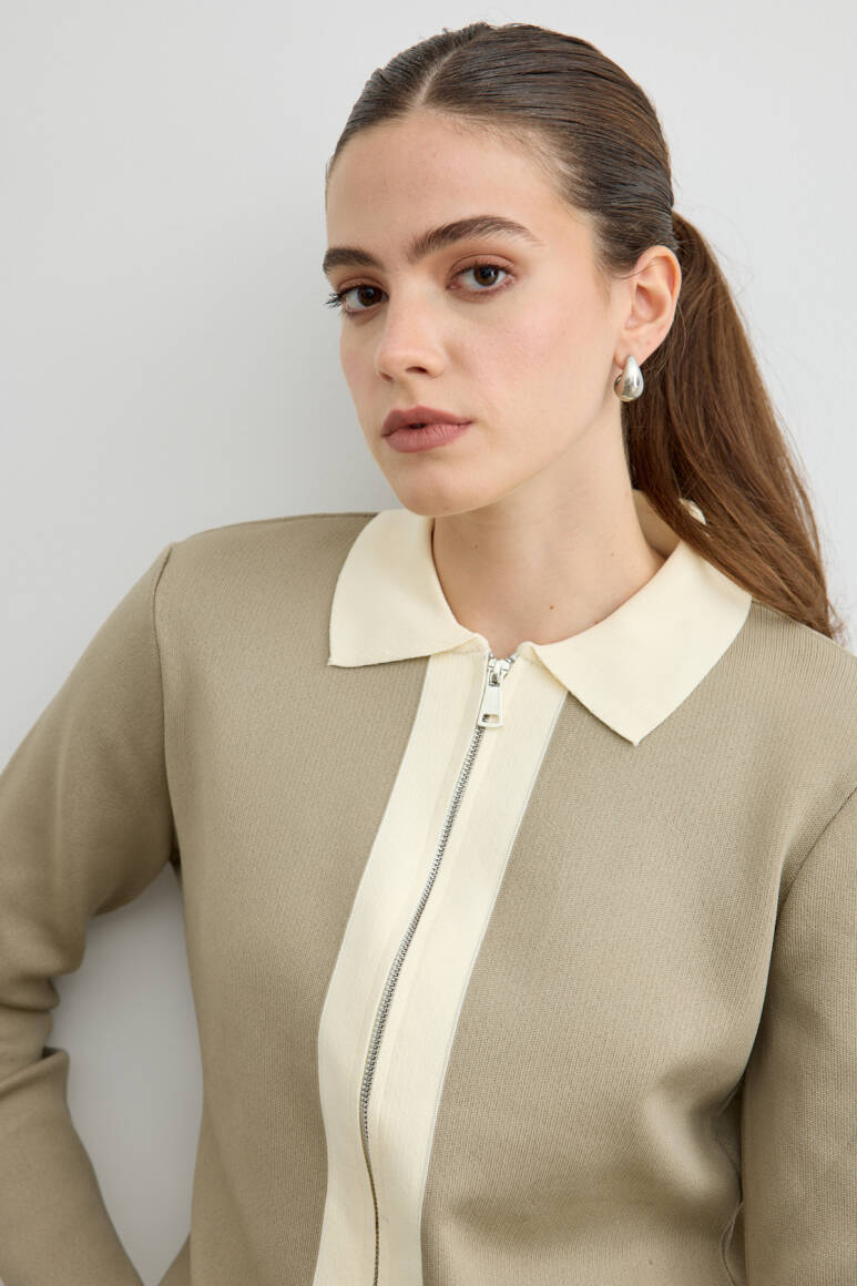 Fermuarlı Kontrast Triko Hırka Çağla Yeşili - 4