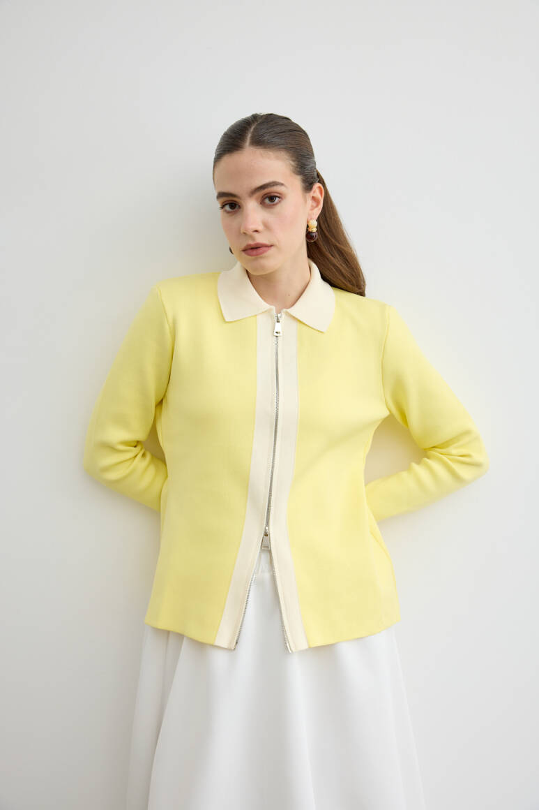 Fermuarlı Kontrast Triko Hırka Soft Sarı - 1