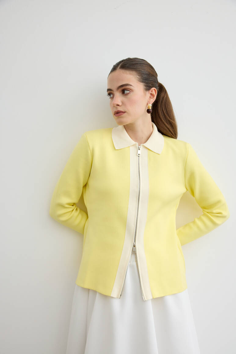 Fermuarlı Kontrast Triko Hırka Soft Sarı - 5