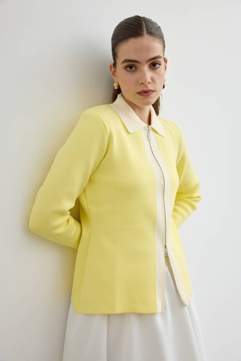 Fermuarlı Kontrast Triko Hırka Soft Sarı - 2