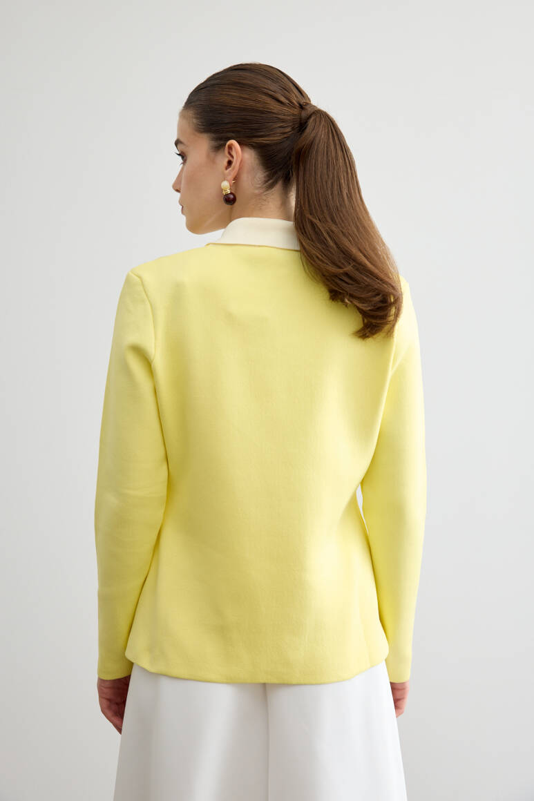 Fermuarlı Kontrast Triko Hırka Soft Sarı - 6