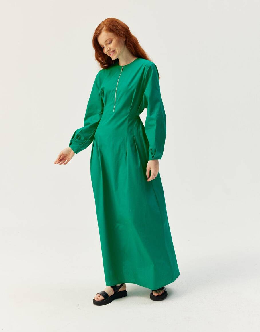 Fermuarlı Poplin Elbise Yeşil - EMNORA