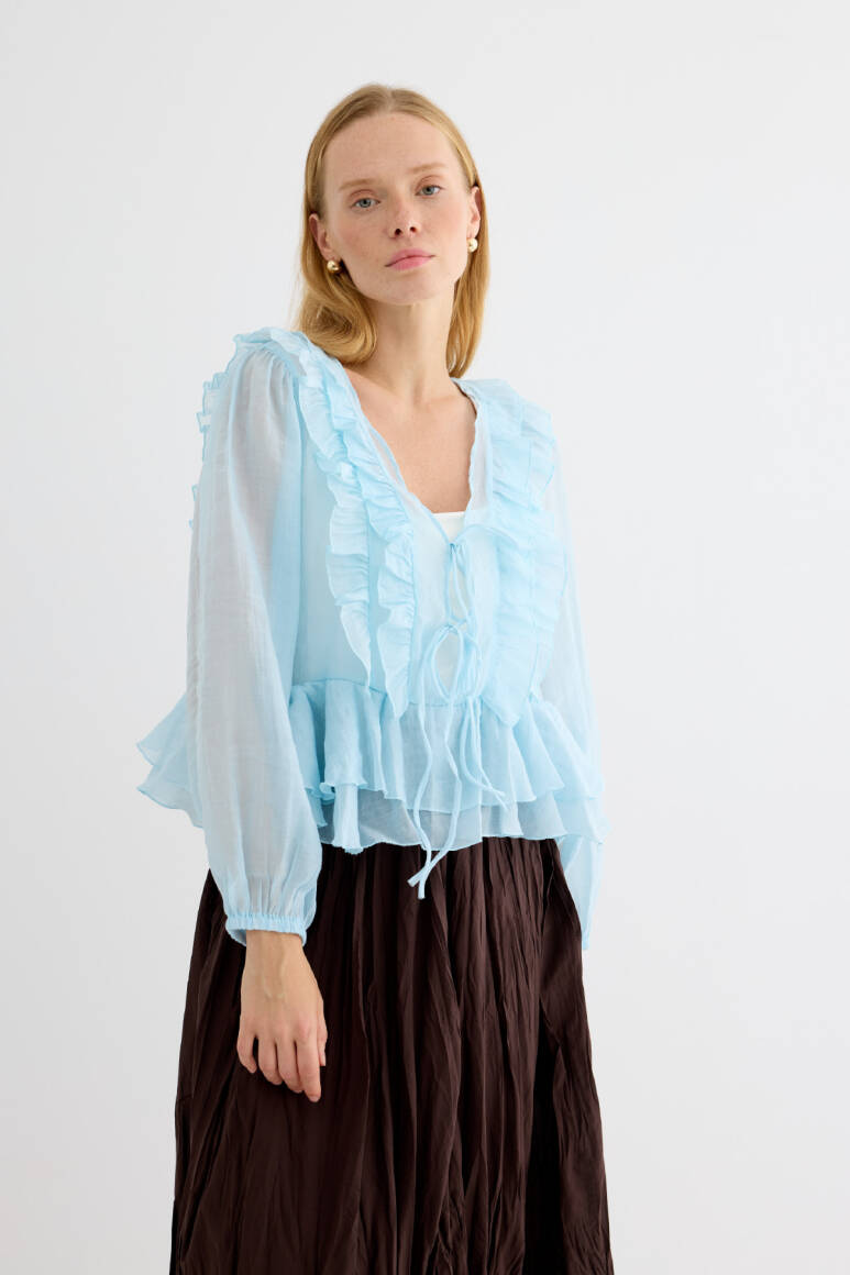 Fırfırlı Kimono Bluz Soft Mavi - EMNORA