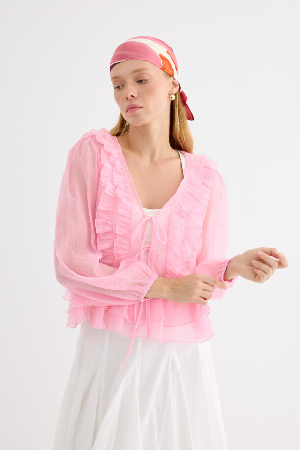 Fırfırlı Kimono Bluz Soft Pembe - EMNORA