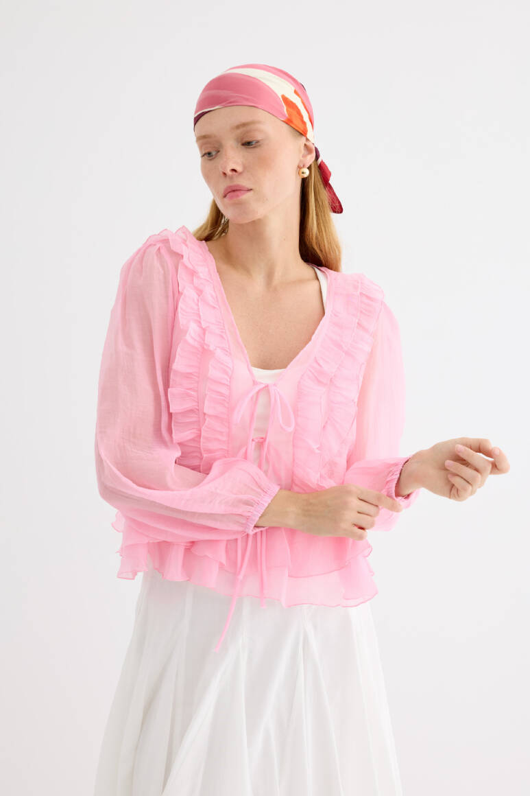 Fırfırlı Kimono Bluz Soft Pembe - EMNORA