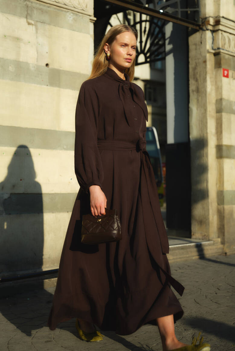 Fular Yaka Elbise Acı Kahve - 3