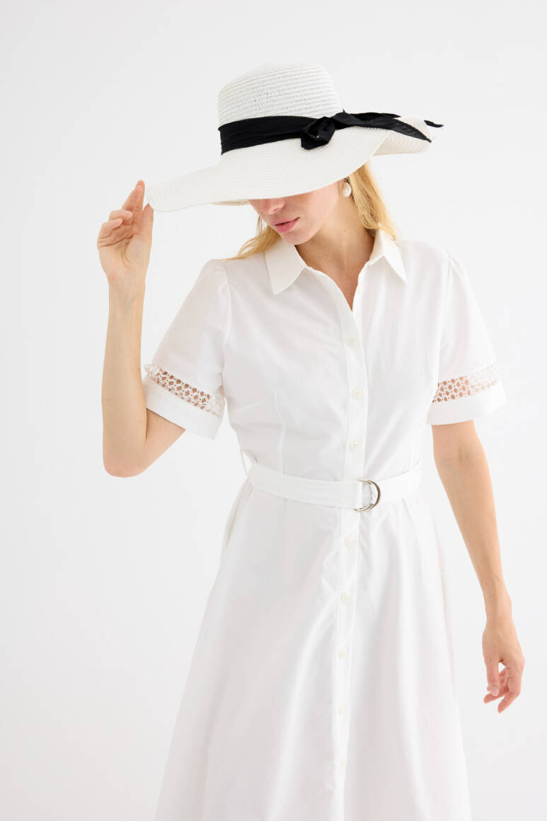 Fularlı Hasır Şapka Beyaz - EMNORA