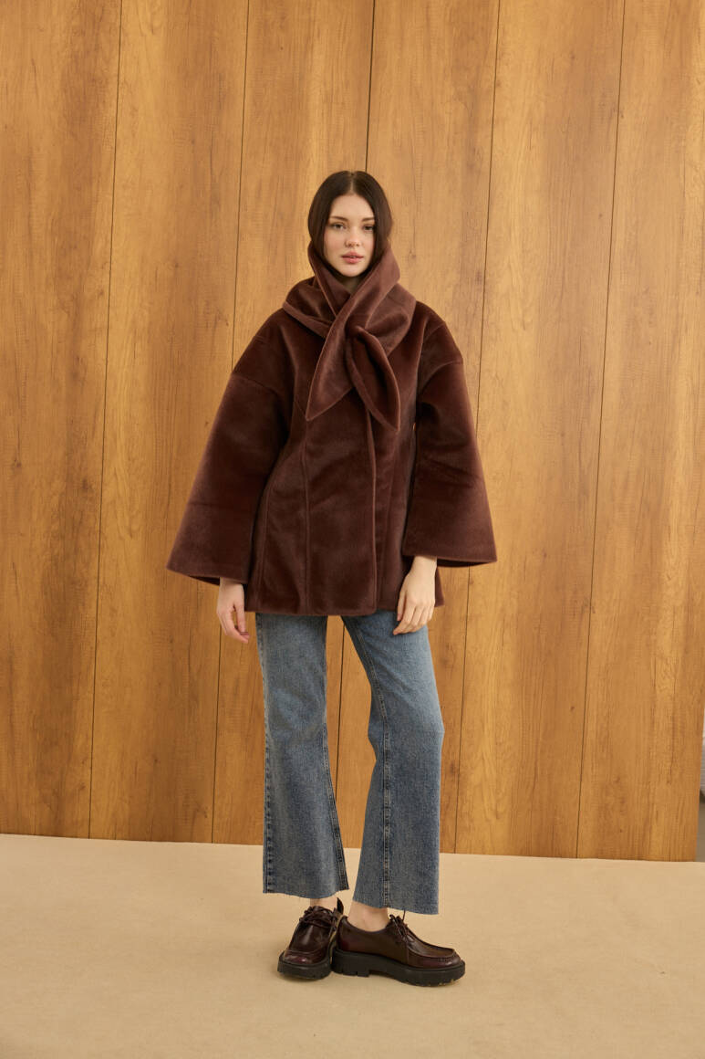 Fularlı Oturtmalı Midi Fox Kaban Acı Kahve - EMNORA