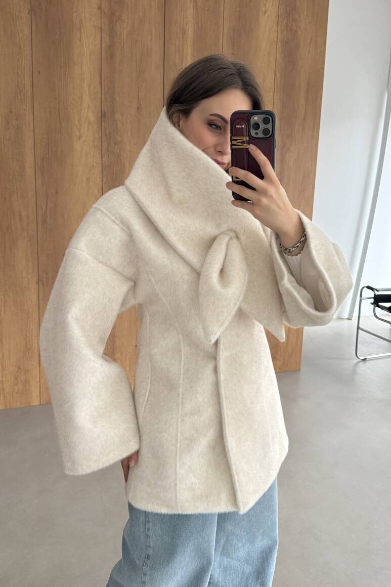 Fularlı Oturtmalı Midi Fox Kaban Bej - 9