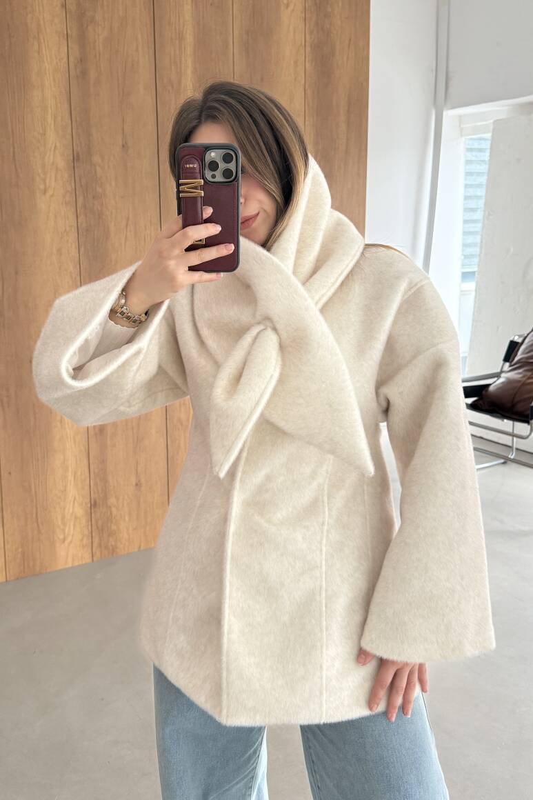 Fularlı Oturtmalı Midi Fox Kaban Bej - 8